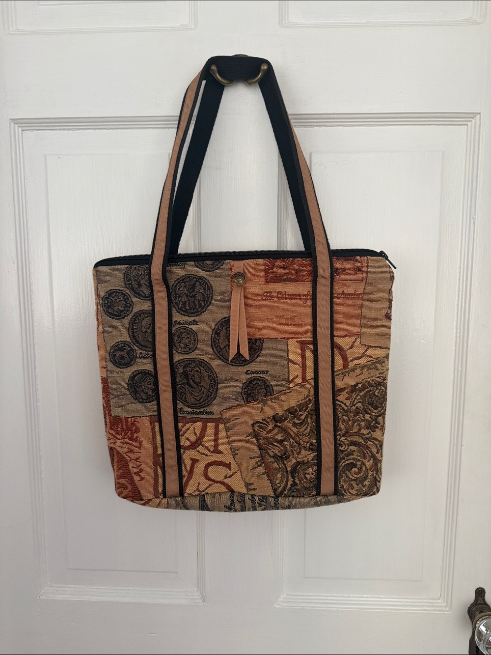 Tapestry Tote Bag in Tan and Black